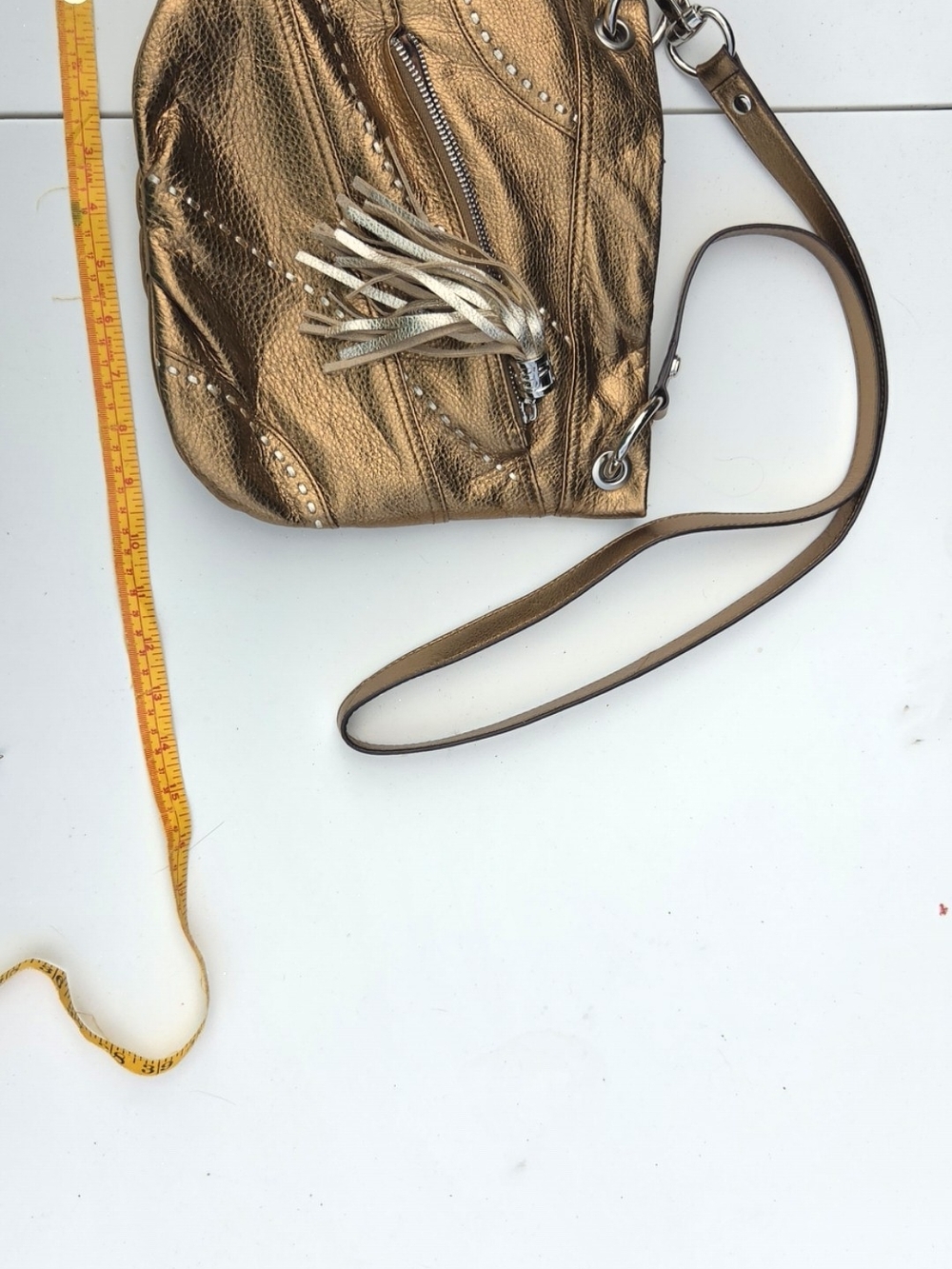B. Makowsky Metallic Gold Studded Small Crescent Crossbody Zip Lined Strap